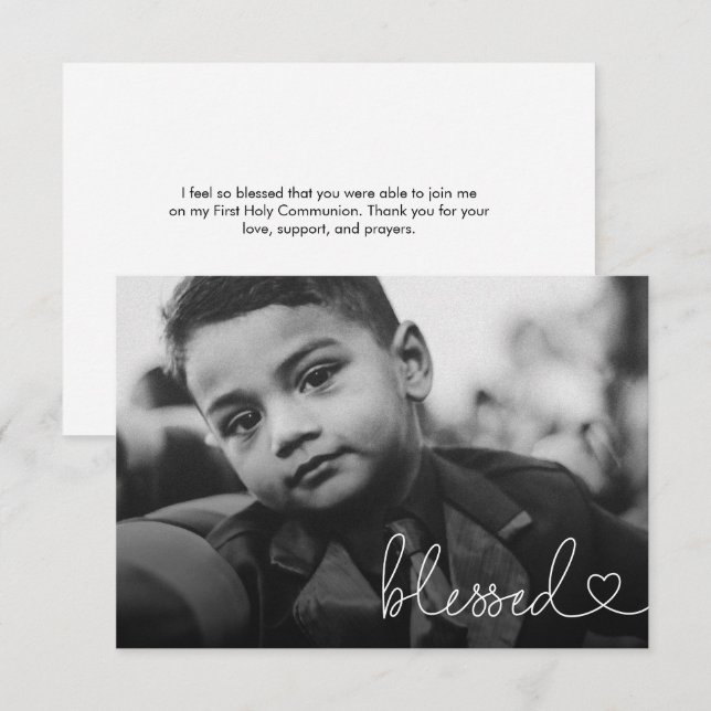 Blessed Heart Script Minimal Photo First communion Dankeskarte (Vorne/Hinten)