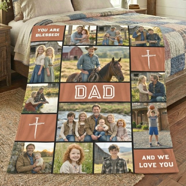 Blessed Loved Dad 12 Photo Collage Custom Text Fleecedecke (Von Creator hochgeladen)