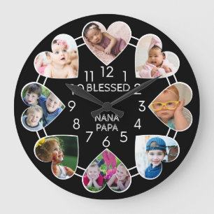 Blessed Nana Papa 8 Heart Photo Template Black Große Wanduhr