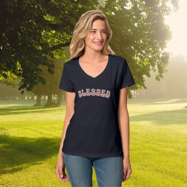 BLESSEED Red White Floral Dankbarkeit Retro Text T-Shirt (Von Creator hochgeladen)