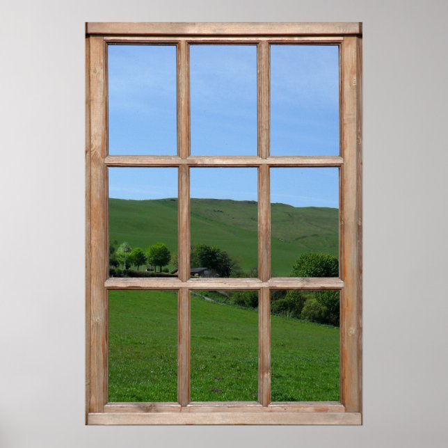Blick auf den grünen Hügel aus einem Fenster Poster (Vorne)