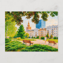 Blick auf den Park mit der Skyline von Warschau -