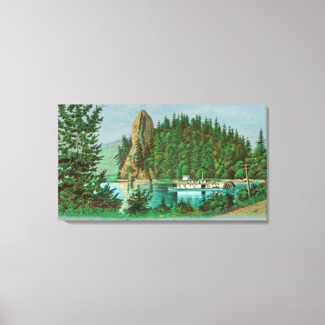 Blick auf den Rooster Rock und Riverboat Leinwanddruck (Vorderseite)