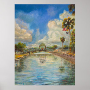 Blick auf die Fußgängerbrücke vom See Poster