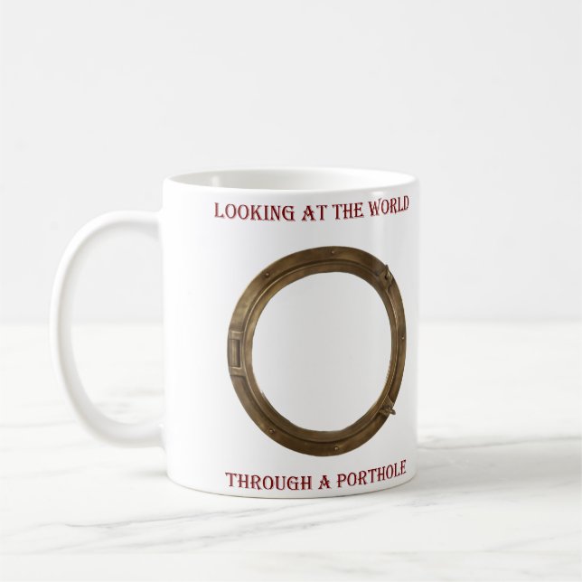 Blick auf die Welt durch ein Porthole voller Farbe Kaffeetasse (Links)