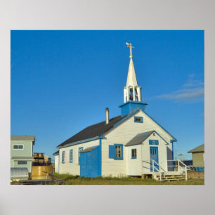 Blick auf eine blau-weiße Kirche im Dene-Stamm Poster