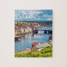 Blick auf Whitby Stadt und Hafen