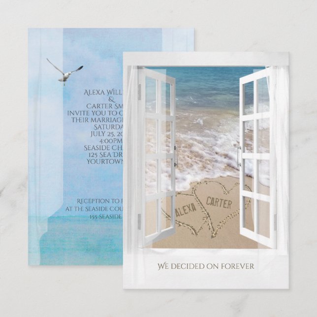 Blick aufs Meer mit Strandherzen Hochzeit Einladung (Vorne/Hinten)