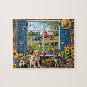 Blick aus dem Bauernhausfenster auf Hund, Katze, S Puzzle