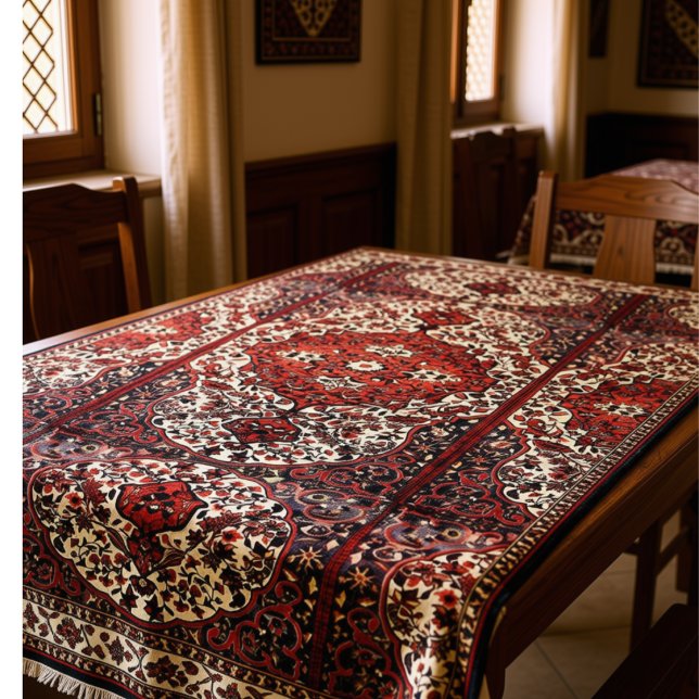 Blick des persischen Teppichs in dunkelrotem und Tischdecke (Von Creator hochgeladen)