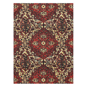 Blick des persischen Teppichs in dunkelrotem und Tischdecke