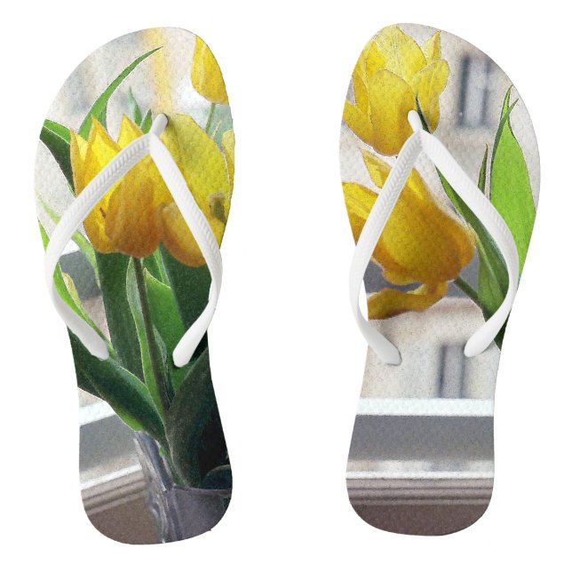 Blick durch gelbe Tulissen Flip Flops (Fußbett)