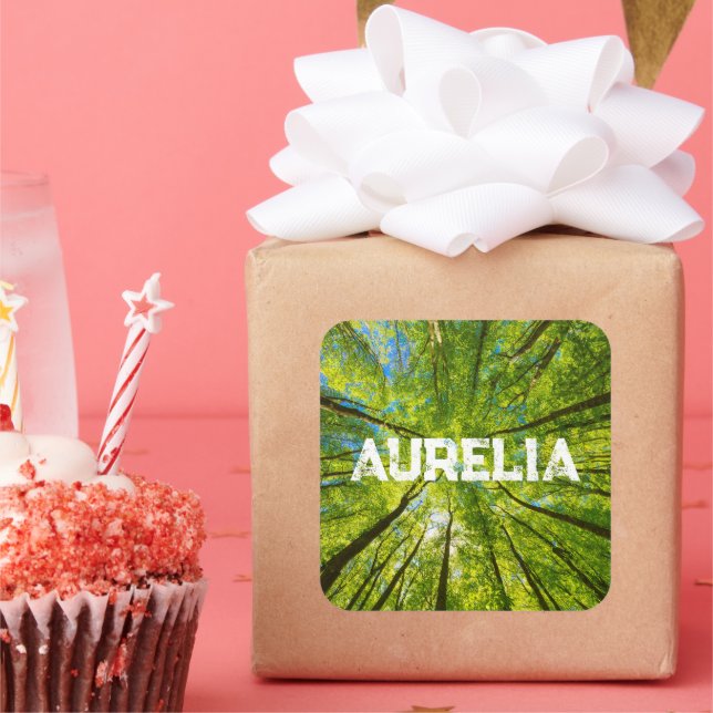 Blick durch grüne Blätter Quadratischer Aufkleber (Party)