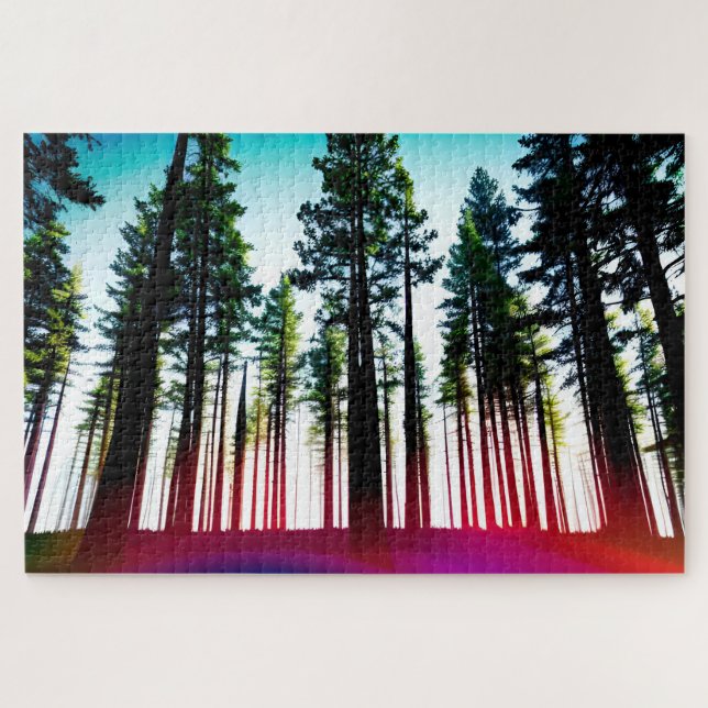 Blick hinauf in einen Wald mit hohen Bäumen mit Ro Puzzle (Horizontal)
