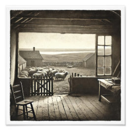 Blick vom Fenster in Le Gras With Sheep - Fotodruck