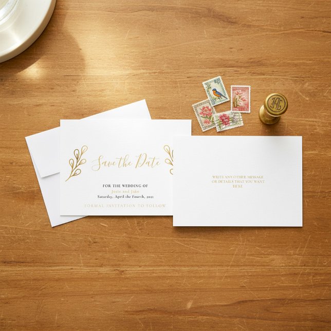 Blinddarmenblätter Save the Date (Gold effect petals save the date card.)