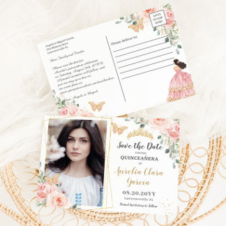Blindpink Blütengoldquinceanera Save the Date Ankündigungspostkarte