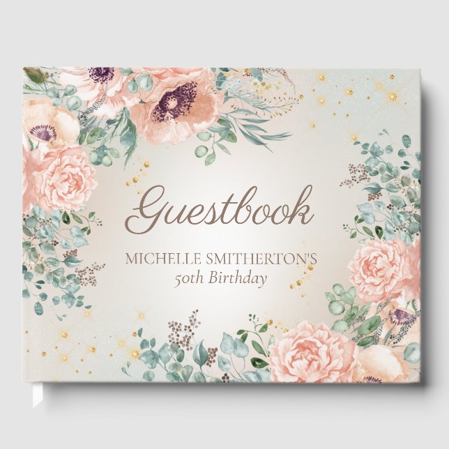 Blindpink Floral Gold Glitzer Geburtstag Gästebuch (Vorderseite)