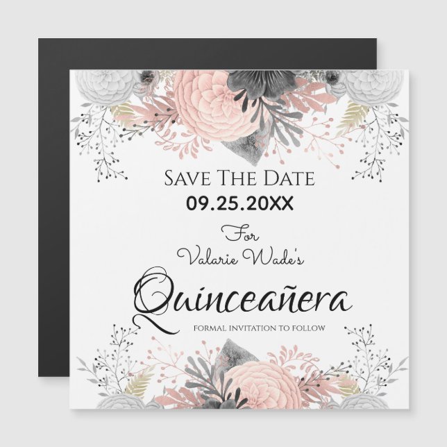 Blindpink Floral Quinceanera Save the Date Magnetkarte (Vorne/Hinten)