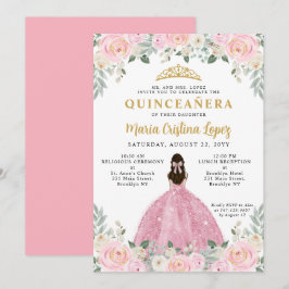Blindpink Gold Floral Princess Tiara Quinceañera Einladung