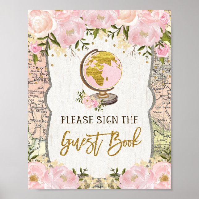 Blindrosa Floral Map Adventure Guest Book Sign Poster (Vorne)