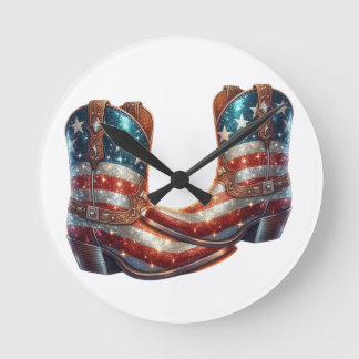 Bling American Flag Cowboy Boots Runde Wanduhr