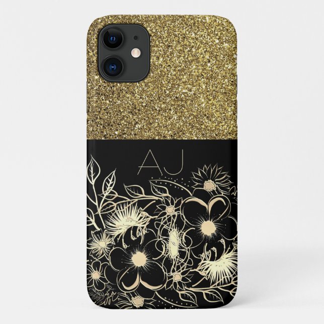 Bling Bling Gold Glitzer Black Blume Luxus Case-Mate iPhone Hülle (Rückseite)