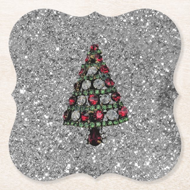 Bling Christmas Tree Silver Glitzer Paper Unterset Untersetzer (Vorderseite)
