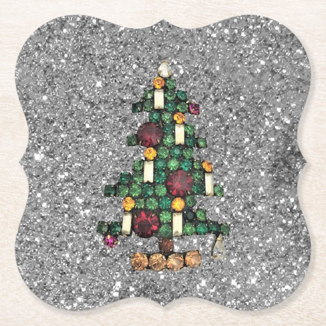 Bling Christmas Tree Silver Glitzer Paper Unterset Untersetzer (Vorderseite)