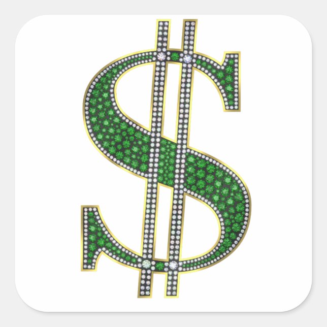 Bling Dollar Sign Diamond Emerald Gem Quadratischer Aufkleber (Vorderseite)