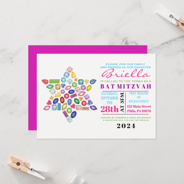 BLING Gemstone Bat Mitzvah Einladung (Vorderseite/Rückseite Beispiel)