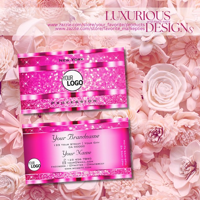 Bling Glam Girly Pink Glitzer Spark Stars und Logo Visitenkarte (Von Creator hochgeladen)