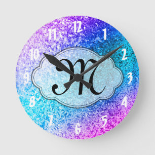Bling Glitter Girly Monogram Initial Wall Clock Runde Wanduhr