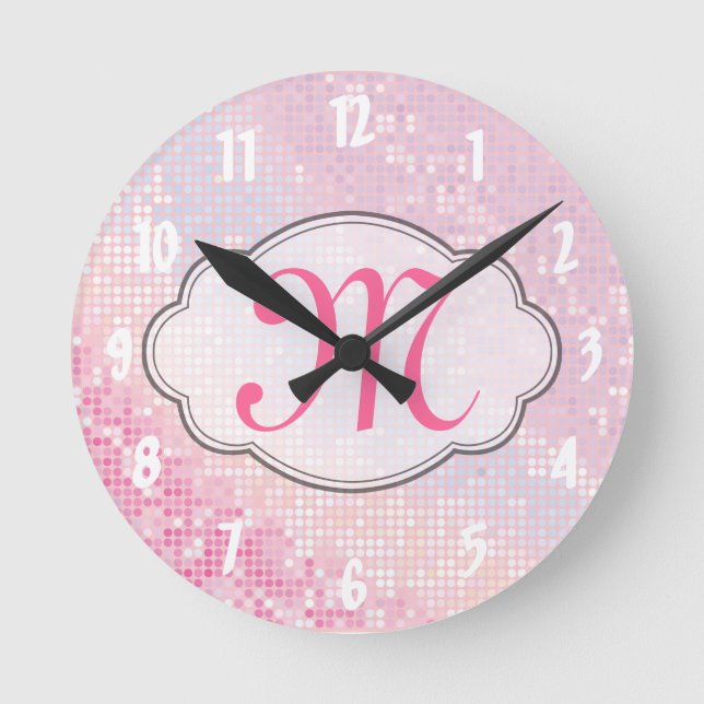 Bling Glitzer-Girly Monogramm-Initialen-Wand-Uhr Runde Wanduhr (Vorderseite)
