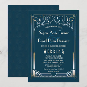 Bling Great Gatsby Gold Blau Art Deco Hochzeit Einladung