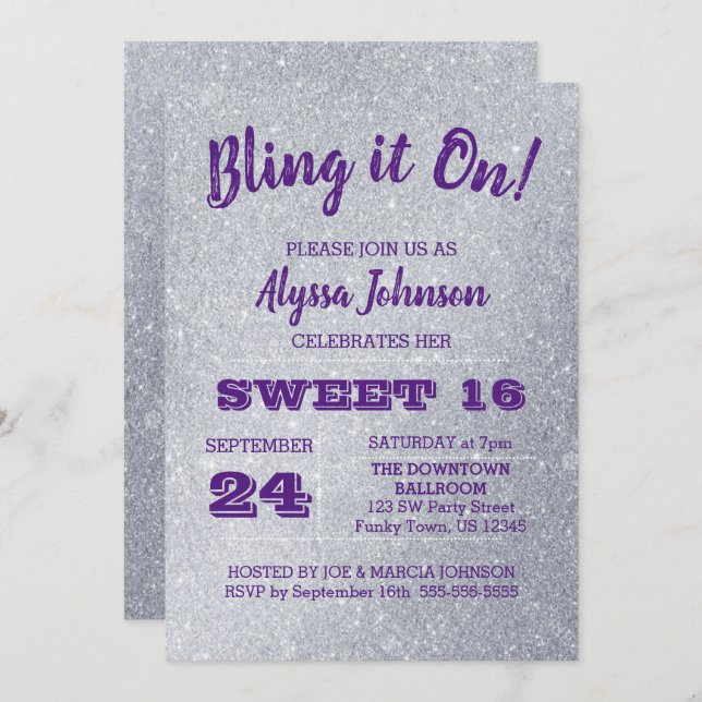Bling it on Silver Glitzern Lila Sweet 16 Einladung (Vorne/Hinten)