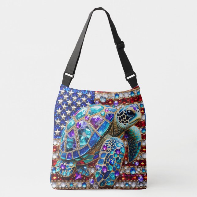 Bling Sea Turtle Patriotic Tragetaschen Mit Langen Trägern (Vorderseite)