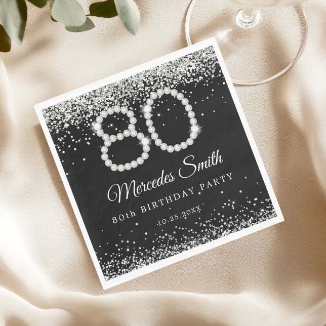 Bling Silver Diamonds 80. Geburtstagsparty Serviette (Diamonds 80th Birthday Party Napkin)