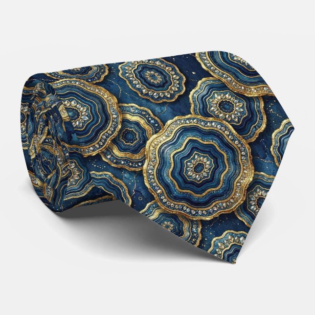 Bling & Sparkle | Navy Blau + Gold Geode Schlips Krawatte (Gerollt)