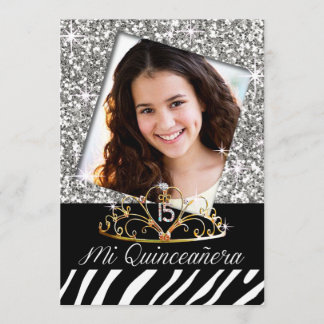 Bling Tiara Zebra Quinceñera 15. Geburtstag Silber Einladung