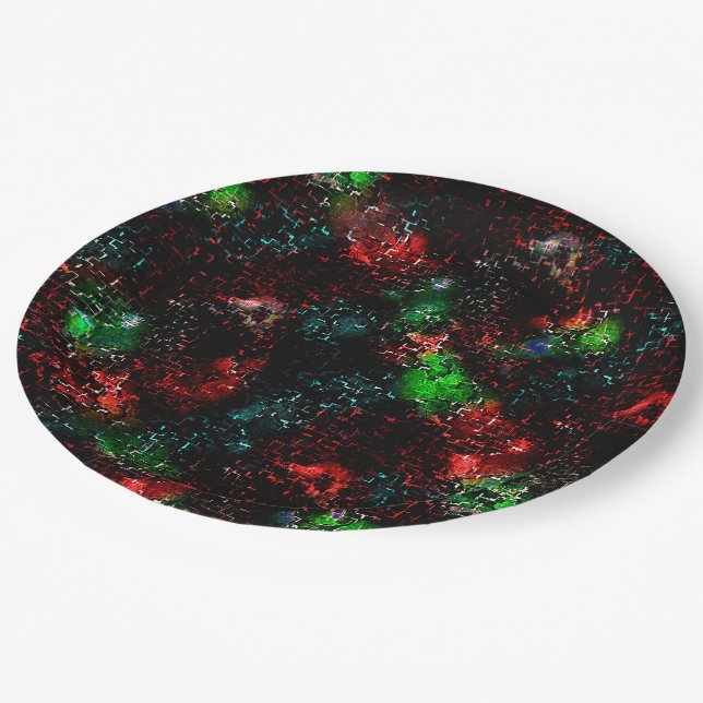 Blinkende Farbflecken unter dunklen und mosaikfarb Pappteller (Schrägansicht)