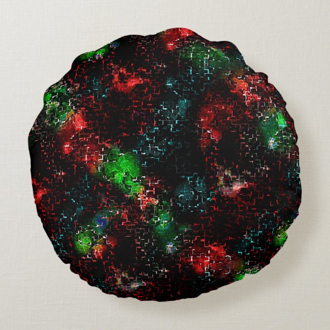 Blinkende Farbflecken unter dunklen und mosaikfarb Rundes Kissen (Rückseite)