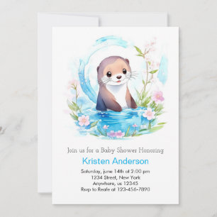 Blissful Otter Blue Floral Boy Baby Dusche Einladung