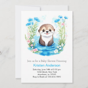 Blissful Otter Watercolor Blumenjungen Babydusche Einladung
