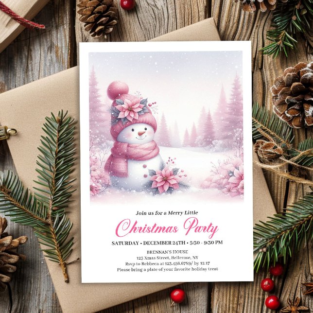 Blissful Snowy Pink Snowman Editable Kids Christma Einladung (Blissful Snowy Pink Snowman Editable Kids Christmas Invite)