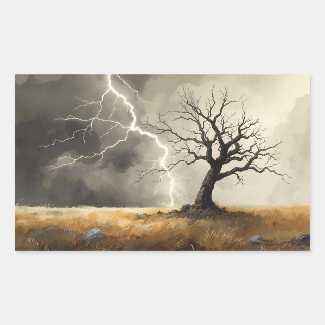 Blitz, der auf Baum einschlägt, Gemälde. Rechteckiger Aufkleber (Vorderseite)