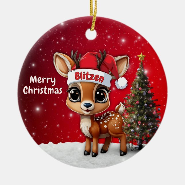 Blitzen Baby Deer, Fawn, Doe, Reindeer🦌 🎄 Keramik Ornament (Vorne)