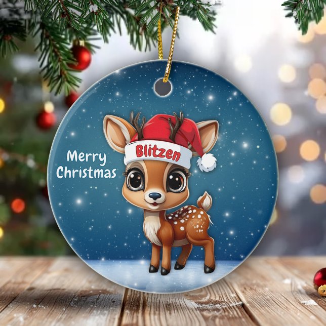 Blitzen Cute animal reindeer character, deer 🦌 🎄 Keramik Ornament (Personalizable Cute animal reindeer character, baby deer with antlers round ceramic ornament 🦌🎄)