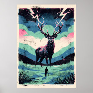 Blitzhirsch und einsame Figur Retro-Kunst Poster