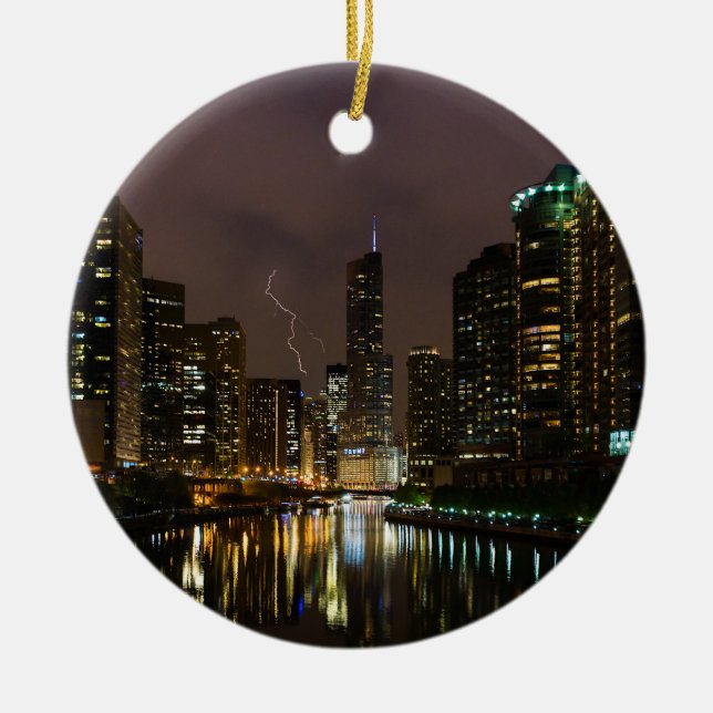 Blitzschlag über dem Fluss Chicago Keramik Ornament (Vorne)